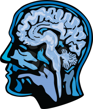 Retro style illustration of a  a brain scan or scanning, neuroimaging, brain imaging or computerised tomography scan viewed from side on isolated background.