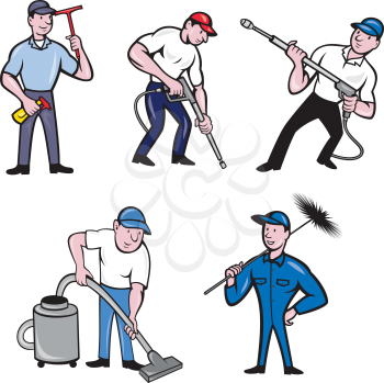 Set or collection of cartoon character mascot style illustration of a window cleaner, janitor, chimney sweeper, janitor and pressure spray washer full body on isolated white background.