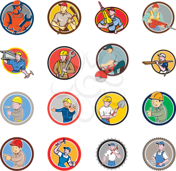 Set or Collection of cartoon character icon style illustration of bust of construction worker, carpenter,engineer or builder at work set inside circle, round or oval shape on isolated white background.