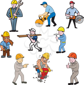 Set or Collection of cartoon character style illustration of construction worker, carpenter,engineer or builder at work in full body on isolated white background.