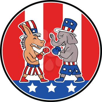 Doodle art illustration of American Democratic donkey and Republican elephant fighting boxing set in circle with USA starts and stripes flag on white  done in cartoon style.