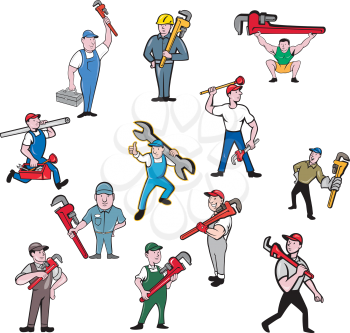 Set or collection of cartoon character mascot style illustration of a plumber contractor in overalls and hat carrying monkey wrench and toolbox walking, running and standing on isolated white background.