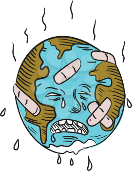 Doodle art illustration of sad mother earth with patches and bandages feeling hot, sweating and crying  done in drawing sketch style.