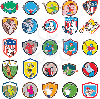 Set or collection of cartoon character mascot icon style illustration of a weightlifter, tennis player, shotput, baseball, lacrosse, ice hockey, handball and golfer in circle or crest shield on isolated white background.