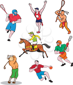Set or collection of cartoon character sports mascot style illustration of lacrosse player, marathon runner, handball player, golfer, jockey or equestrian on isolated white background.