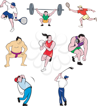 Set or collection of cartoon character sport mascot style illustration of a sumo wrestler, tennis player, weightlifter, netball player, shotput and golfer on isolated white background.