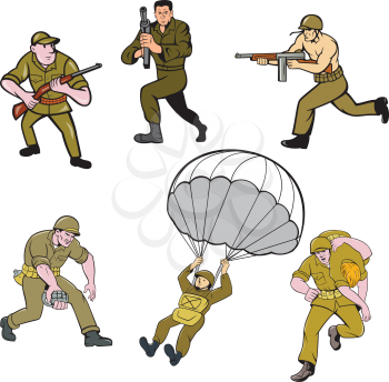 Set or collection of cartoon character mascot style illustration of World War Two American army soldier on isolated white background.