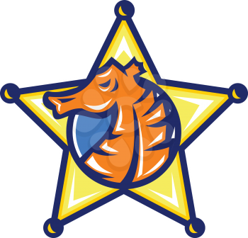 Illustration of a Seahorse set inside sheriff Star in retro badge style on isolated background.