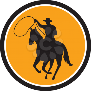 Illustration of a Rodeo Cowboy riding horse with lasso rope Team Roping set inside Circle done in retro style.