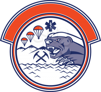 Mascot icon illustration of head of an angry honey badger with crossed pick axes, parachute and star of life EMT symbol representing land, sea and air rescue set in circle on isolated background.