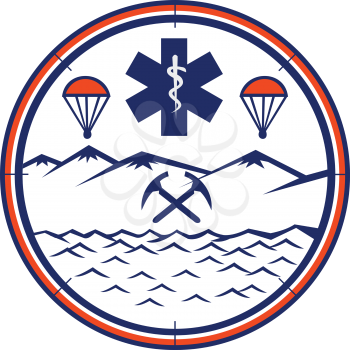 Mascot icon illustration of and, sea and air rescue showing star of life EMT symbol with Rod of Asclepius in the center with crossed pick axes, parachute set in circle on isolated background.