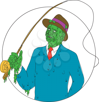 Grime art style illustration of a mobster fisherman wearing suit and tie and fedora hat holding a fly rod reel set inside circle.