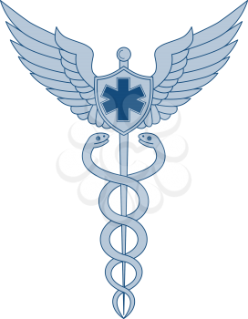 Icon style illustration of a Caduceus or Rod of Asclepius With two snakes winding around winged staff  and Pilot Wings and EMT Star on isolated background 