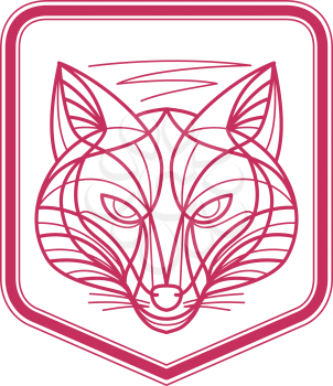 Mono line illustration of a Fox Head viewed from front set inside shield Crest on isolated background.