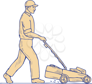 Drawing sketch style illustration of a Gardener groundskeeper Mowing pushing Lawnmower viewed from side on isolated background.
