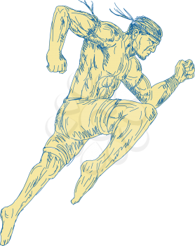 Drawing sketch style illustration of a Muay Thai Fighter Kicking jumping viewed from side on isolated background. 