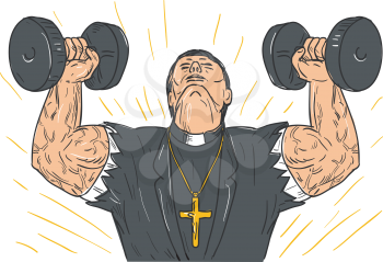 Drawing sketch style illustration of a ripped, buffed or jacked priest wering corss doing exercise using a pair of dumbbell viewed from front or isolated background.