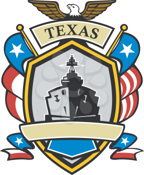 Retro style illustration of an emblem or coat of arms showing a Battleship and American eagle with Texas Lone Star flag and USA stars and stripes spangled banner set iside crest shield.