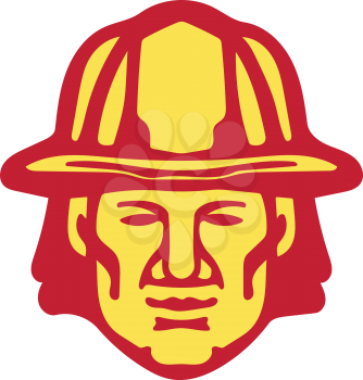 Illustration of a fireman fire fighter emergency worker head wearing hardhat viewed from front set on isolated white background done in retro style.