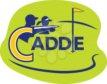 Icon style illustration of a caddie pointing with golfer set inside golf course on isolated background.