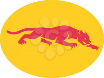 Retro style illustration of a black panther crouching viewed from side set inside oval on isolated background.