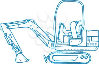 Mono line illustration of mechanical digger or excavator viewed from side done in monoline line drawing style.