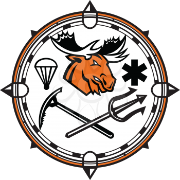 Mascot icon illustration of head of a moose with parachute and star of life symbol and crossed trident and ice axe set inside compass circle symbolizing land, sea and air emergency rescue.