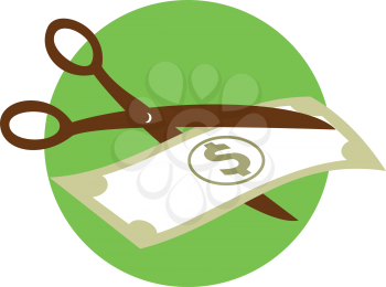 Retro style illustration of pair of scissors clipping cutting dollar bill in half to symbolize cost cutting on isolated background.