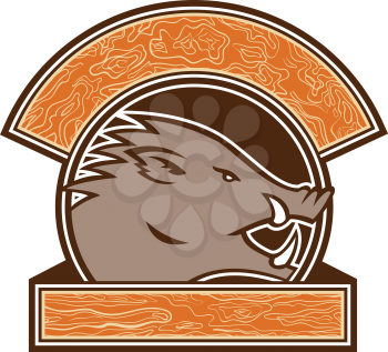 Retro style illustration of a head of a wood or wooden boar set inside circle with banner viewed from side with wood grain on isolated background.