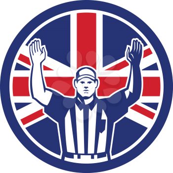 Icon retro style illustration of a British American football referee,head linesman, down judge or line judge calling touchdown with United Kingdom UK, Great Britain Union Jack flag set inside circle.