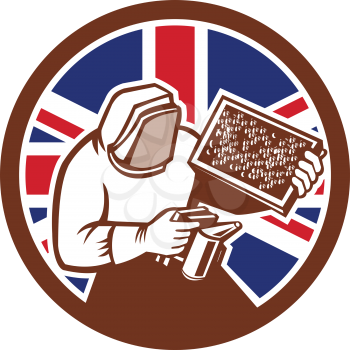 Icon retro style illustration of a British beekeeper, honey farmer, apiarist, or apiculturist, holding a smoker and beehive with United Kingdom UK, Great Britain Union Jack flag set inside circle.