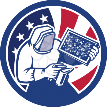 Icon retro style illustration of American beekeeper, honey farmer, apiarist, apiculturist, holding beehive with United States of America USA star spangled banner stars and stripes flag inside circle.