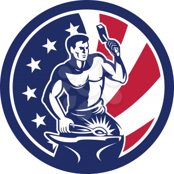 Icon retro style illustration of an American blacksmith or farrier holding hammer and anvil United States of America USA star spangled banner or stars and stripes flag circle isolated background.
