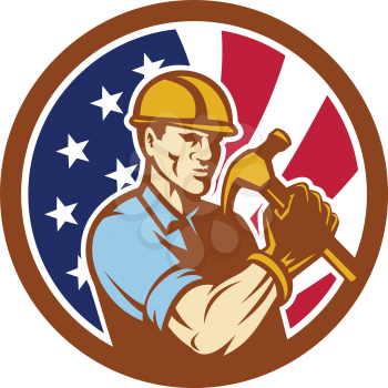 Icon retro style illustration of an American handyman, builder, carpenter or construction worker holding hammer United States of America USA star spangled banner stars and stripes flag inside circle.