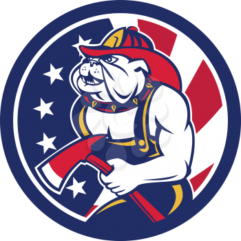 Icon retro style illustration of an American or Bulldog fireman or firefighter holding fire axe with United States of America USA star spangled banner or stars and stripes flag inside circle.