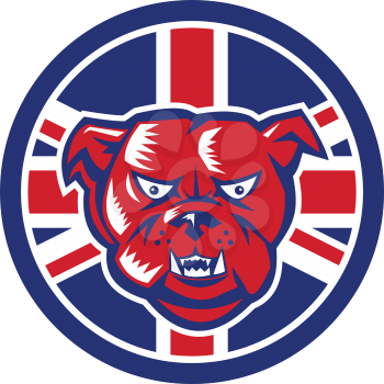 Icon retro style illustration of a British Bulldog head front view with United Kingdom UK, Great Britain Union Jack flag set inside circle on isolated background.