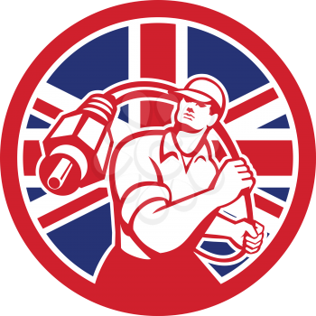 Icon retro style illustration of a British cable installer guy holding RCA plug cable with United Kingdom UK, Great Britain Union Jack flag set inside circle on isolated background.