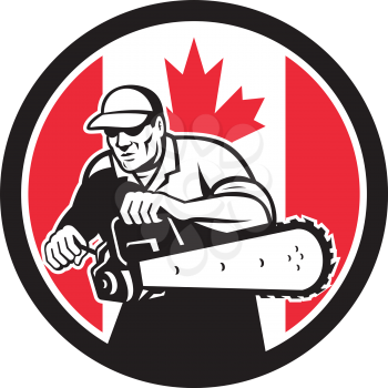 Icon retro style illustration of a Canadian tree surgeon or lumberjack holding a chainsaw with Canada maple leaf flag set inside circle on isolated background.