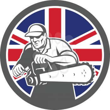 Icon retro style illustration of a British arborist, tree surgeon or lumberjack holding a chainsaw with United Kingdom UK, Great Britain Union Jack flag set inside circle on isolated background.