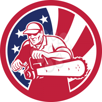 Icon retro style illustration of an American lumberjack arborist or tree surgeon holding a chainsaw with United States of America USA star spangled banner or stars and stripes flag in circle isolated.
