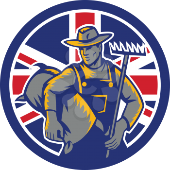 Icon retro style illustration of a British organic farmer holding sack and rake with United Kingdom UK, Great Britain Union Jack flag set inside circle on isolated background.