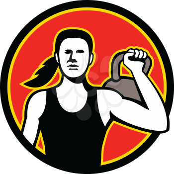 Mascot icon illustration of a female personal trainer lifting a kettlebell viewed from front set inside circle  on isolated background in retro style.

