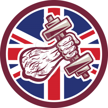 Icon retro style illustration of a British personal trainer ripped hand lifting a dumbbell with United Kingdom UK, Great Britain Union Jack flag set inside circle on isolated background.