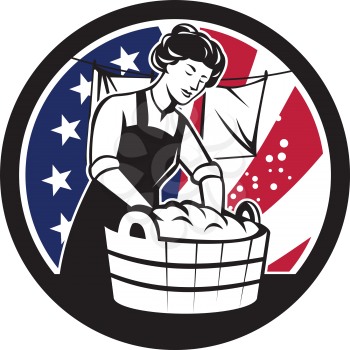Icon retro style illustration of an vintage American housewife washing laundry with United States of America USA star spangled banner or stars and stripes flag inside circle isolated background.