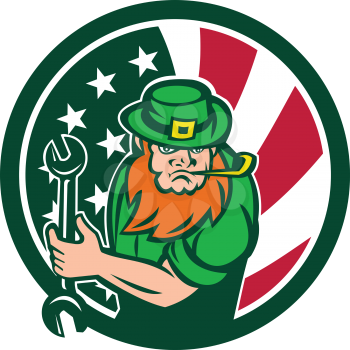 Icon retro style illustration of an Irish-American mechanic who is a leprechaun mascot with United States of America USA star spangled banner or stars and stripes flag in circle isolated background.