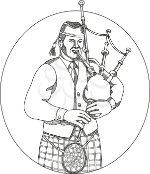 Doodle art illustration of a Scottish bagpiper playing bagpipes viewed from front set inside oval shape done in mandala style.