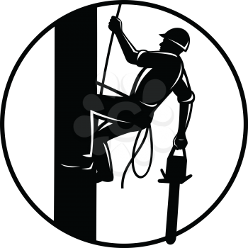 Retro woodcut style illustration of an arborist, lumberjack or tree surgeon with chainsaw climbing up a tree set inside circle on isolated background in black and white. 