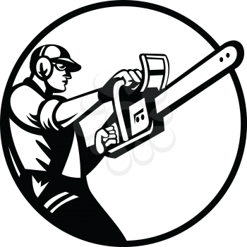 Retro style illustration of an arborist, lumberjack or tree surgeon holding and raising up chainsaw viewed from side set inside circle on isolated background in black and white. 
