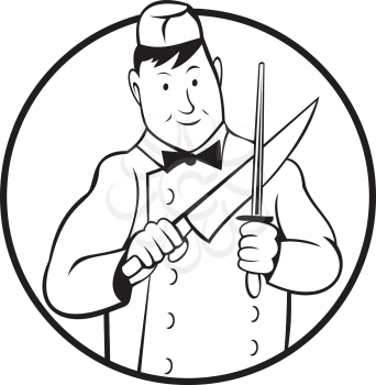 Black and white illustration of a butcher cutter worker sharpening knife viewed from front set inside circle on isolated background done in cartoon style.