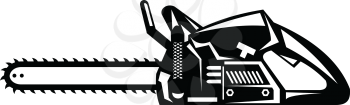 Retro black and white style illustration of a chainsaw viewed from side on isolated background.